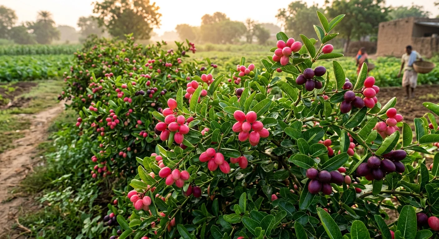 Karunda shrub with clusters of ripening berries